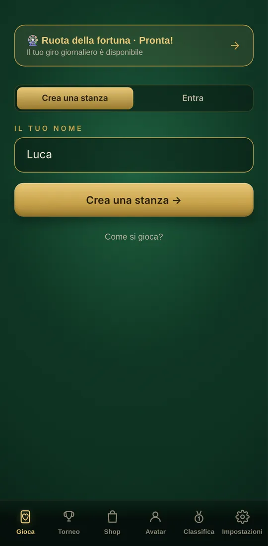 La schermata iniziale: crea una stanza o entra con un codice